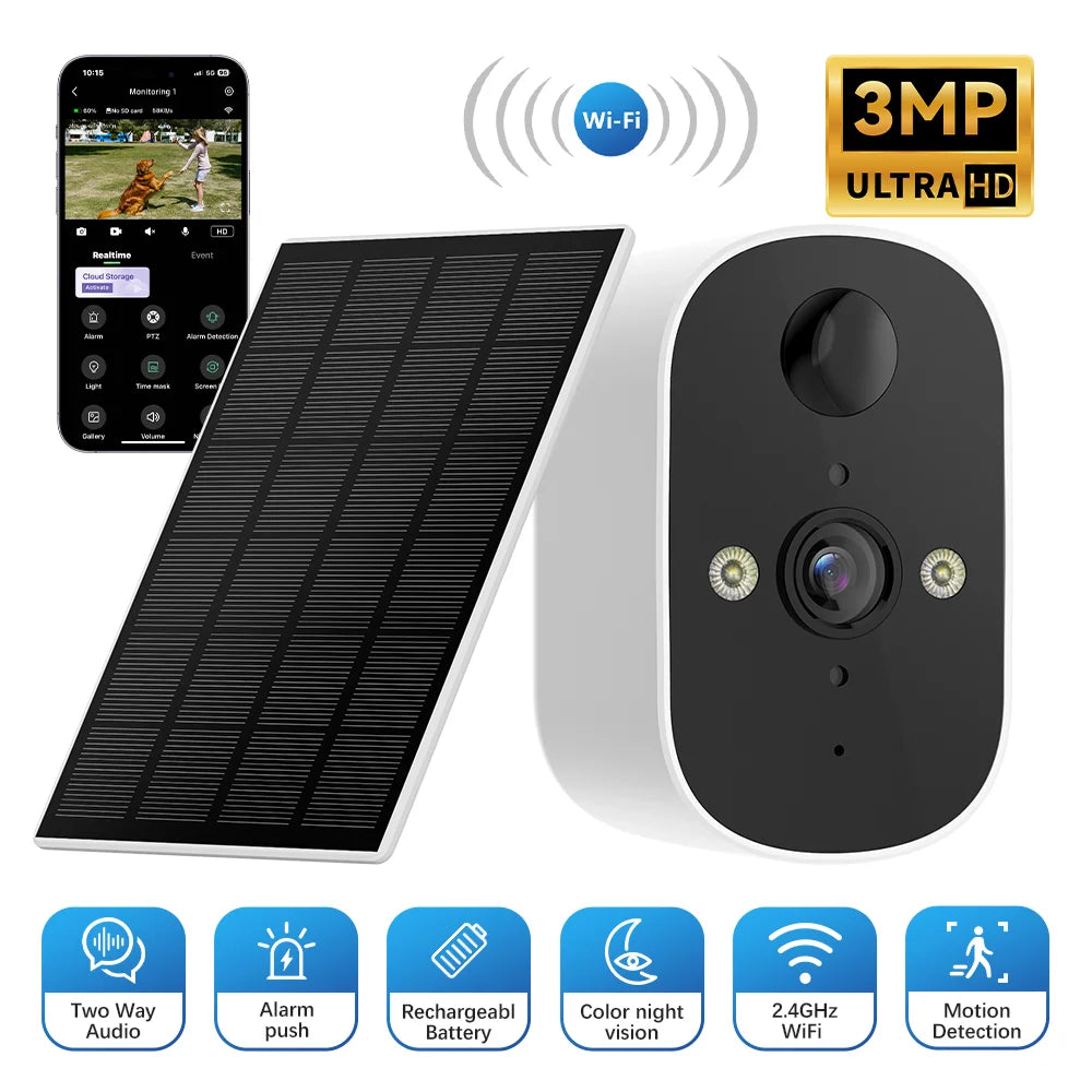 Solar-Powered Outdoor Security Camera – 3MP, Color Night Vision & Two-Way Audio